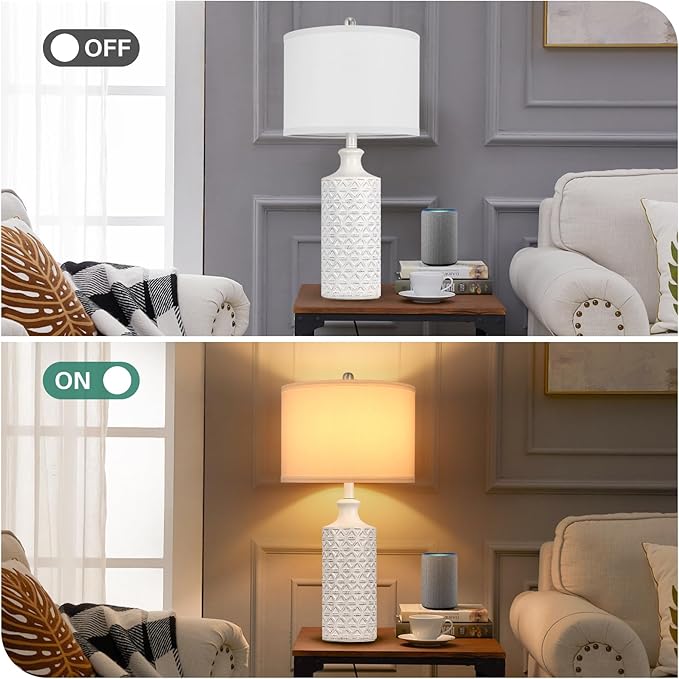Brightever Ceramic Table Lamps Set of 2, 25'' Farmhouse Modern Nightstand Lamps for Living/Study Room, Bedroom, Office, Large Bedside Lamp with White Fabric Shade, Bulb not Included - LeafyLoom