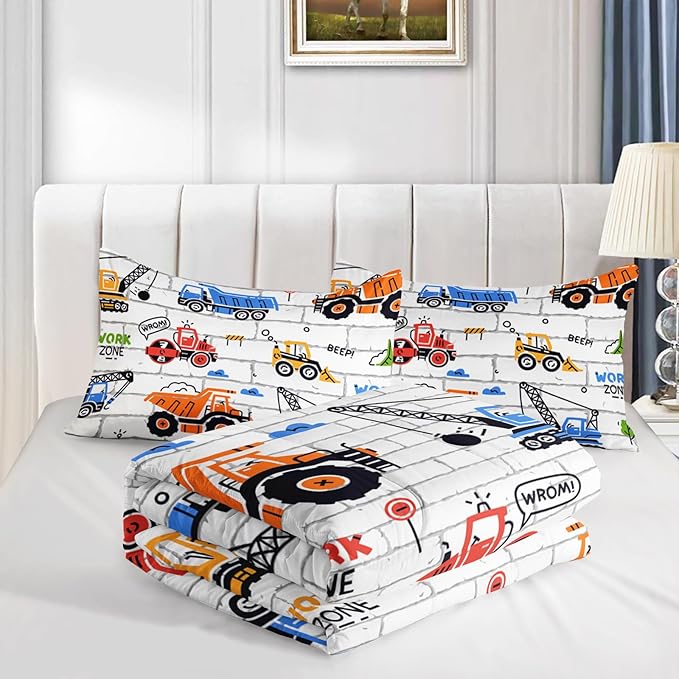 Axolotl Construction Comforter Set Twin,Excavator Bedding Set,Construction Vehicles Comforter Set,Excavator Comforter,Excavator Tractor Trucks Bedding Set for Kids Boys Teens,1 Quilt 2 Pillowcases - LeafyLoom