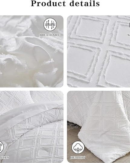 7 Pieces Tufted Bed in a Bag King Comforter Set with Sheets White, Soft and Embroidery Shabby Chic Boho Bohemian, Luxury Solid Color with Diamond Pattern, Jacquard Tufts Bedding Set for All Season - LeafyLoom