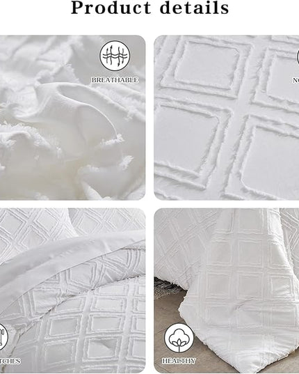 7 Pieces Tufted Bed in a Bag Queen Comforter Set with Sheets White, Soft and Embroidery Shabby Chic Boho Bohemian, Luxury Solid Color with Diamond Pattern, Jacquard Tufts Bedding Set for All Season - LeafyLoom