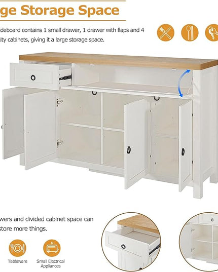 59.1" Retro Style Large Storage Space Sideboard with Flip Door and 1 Drawer,Multifunctional Buffet, w/ 4 Height-Adjustable Cabinets,for Dining, Living Room,Brown+Antique White - LeafyLoom