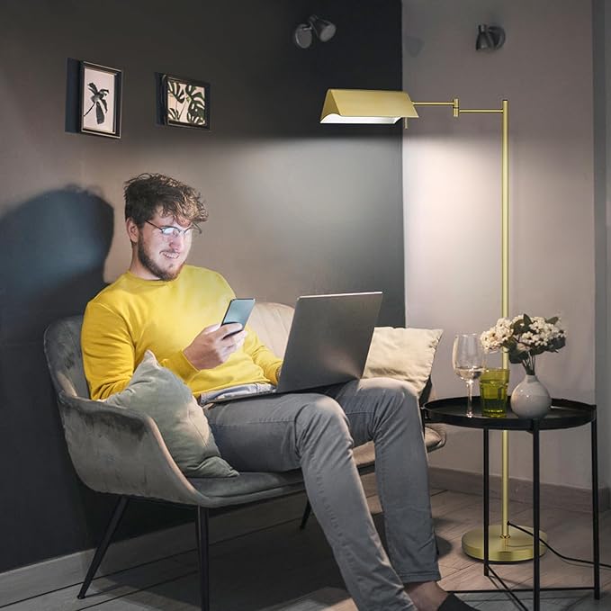 Mlambert Reading Floor Lamp,LED Pharmacy Lamp with Swing Arm,Swivel Head Adjustable Standing Lamp,E26 Base,Corner Lamp for Livingroom,Sewing(Brass) - LeafyLoom