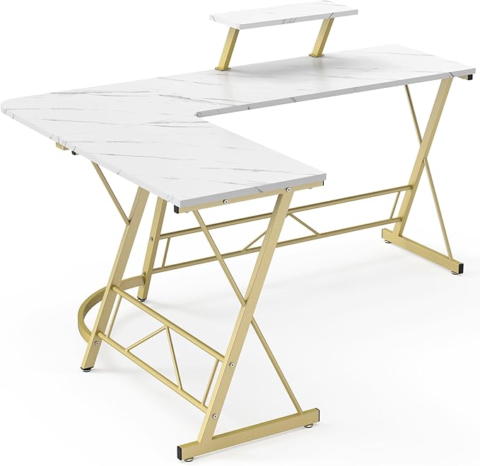 Mr IRONSTONE 63" L Shaped Gaming Desk, Corner Computer Desk, Home Office Writing Desk with Sturdy Monitor Shelf, Spacious L Shaped Desk Workstation, Easy to Assemble, Laminate Marble - LeafyLoom