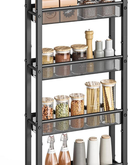 VASAGLE Slim Rolling Cart, 5-Tier Storage Cart, Narrow Cart with Handle, 5.1 Inches Deep, Metal Frame, for Kitchen, Dining Room, Living Room, Home Office, Rustic Brown and Black ULRC034B01 - LeafyLoom