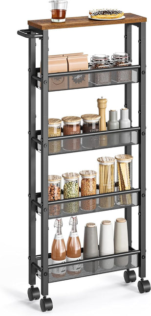 VASAGLE Slim Rolling Cart, 5-Tier Storage Cart, Narrow Cart with Handle, 5.1 Inches Deep, Metal Frame, for Kitchen, Dining Room, Living Room, Home Office, Rustic Brown and Black ULRC034B01 - LeafyLoom
