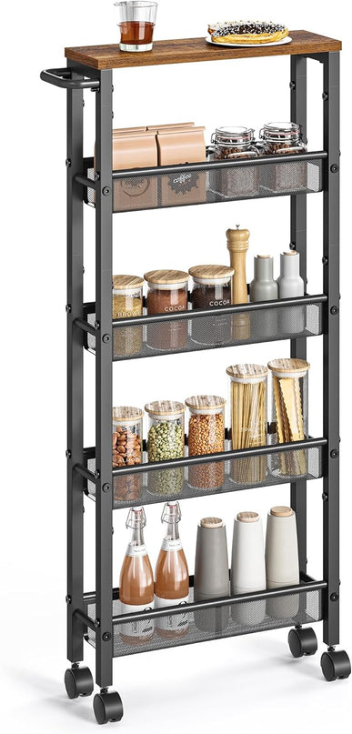 VASAGLE Slim Rolling Cart, 5-Tier Storage Cart, Narrow Cart with Handle, 5.1 Inches Deep, Metal Frame, for Kitchen, Dining Room, Living Room, Home Office, Rustic Brown and Black ULRC034B01 - LeafyLoom