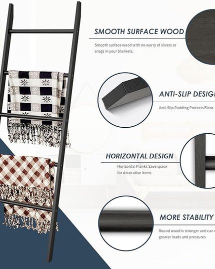5-Tier Blanket Ladder Wooden, Non-Folding 4.8FT(57.5'') Blanket Quilt Holder Rack Decorative Ladder, Easy Assembly, Rustic Farmhouse Ladder Shelf for The Living Room Bedroom Home Decor, Black - LeafyLoom