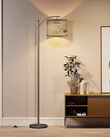 Modern Arc Floor Lamp with Dimmer Mid Century Seamless watercolor floral pink flowers green leaves branches white Metal Standing Lamp with Linen Shade Footswitch for Living Room Bedroom Office - LeafyLoom