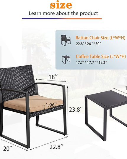 Shintenchi 3 Pieces Outdoor Patio Furniture Set, Modern Wicker Bistro Set, Conversation Rattan Chair of 2 with Coffee Table for Yard Porch Poolside Lawn(Khaki) - LeafyLoom