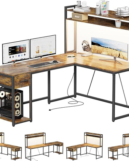 L Shaped Home Office Desk, Reversible Gaming Desk with Drawers, Led Lights & Power Outlets Rustic Brown - LeafyLoom