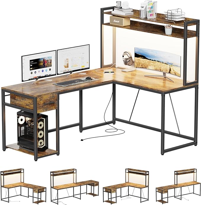L Shaped Home Office Desk, Reversible Gaming Desk with Drawers, Led Lights & Power Outlets Rustic Brown - LeafyLoom