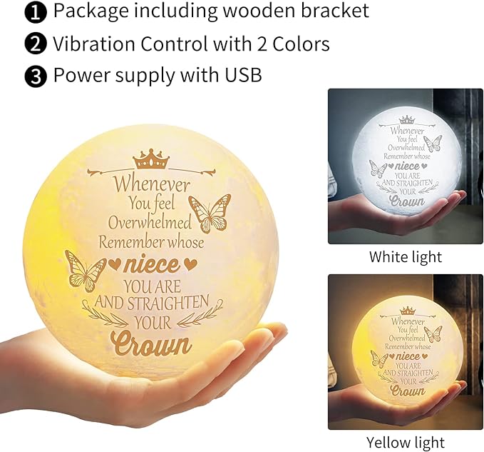 Funnli Niece Gifts from Auntie, Birthday Gifts for Niece Moon Lamp, 3D Printed LED Night Light with Wooden Stand Niece Birthday Gifts, Wedding Mothers Day Christmas Gifts for Niece from Aunt Uncle - LeafyLoom