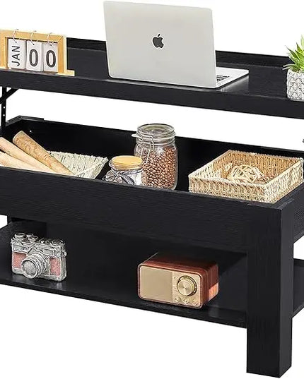 VECELO Lift Top Coffee Table with Storage Shelf and Hidden Compartment for Living Room/Office Reception, Black - LeafyLoom