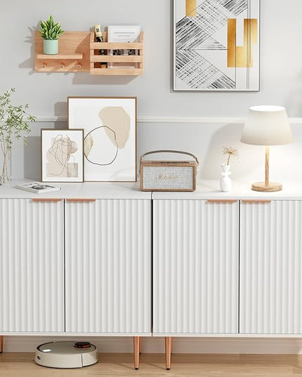 White Fluted Buffet Cabinet,Wood Sideboard Buffet Cabinet with Storage & Rose Gold Colored Metal Legs, Accent Cabinet for Living Room,Dining Room,Kitchen, Assemble Easily - LeafyLoom