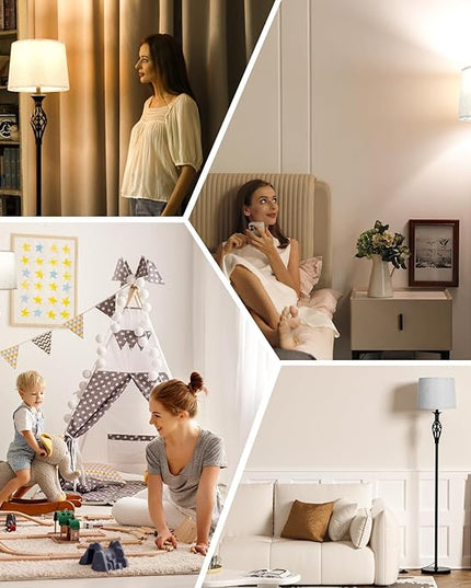 Ambimall Floor Lamps for Living Room - 3 Color Temperature Modern Standing Lamp, Farmhouse Black Floor Lamp with Gray Shade, Vintage Tall Light for Bedroom Office Corner(9W Bulb Included) - LeafyLoom