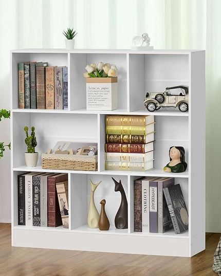 YAHARBO 5 Cube White Bookshelf,Small Modern Horizontal Bookcase,Wood Floor Standing Low Bookshelves Display Storage Cabinet with Base, Short Book Shelf Open Organizer for Bedroom,Living Room,Office - LeafyLoom