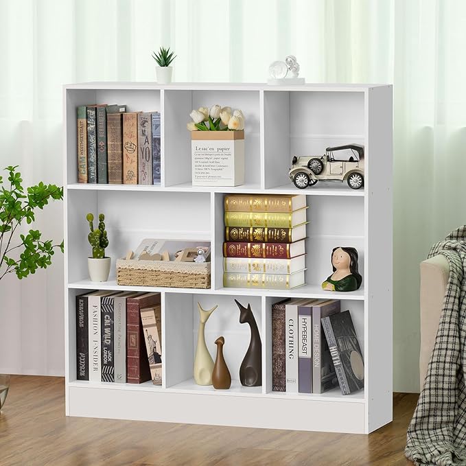 YAHARBO 5 Cube White Bookshelf,Small Modern Horizontal Bookcase,Wood Floor Standing Low Bookshelves Display Storage Cabinet with Base, Short Book Shelf Open Organizer for Bedroom,Living Room,Office - LeafyLoom