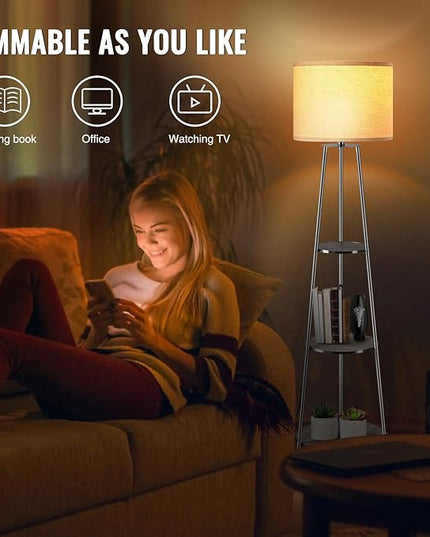 Floor Lamp, Standing Lamp with White Fabric Shade, 3-Tier Round Corner Shelf Floor Lamp with 3 Dimmable Levels, Tall Modern Floor Lamps with Shelves for Bedroom, Living Room and Office - LeafyLoom