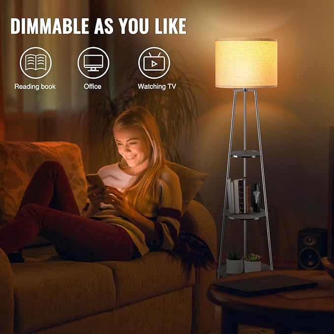 Floor Lamp, Standing Lamp with White Fabric Shade, 3-Tier Round Corner Shelf Floor Lamp with 3 Dimmable Levels, Tall Modern Floor Lamps with Shelves for Bedroom, Living Room and Office - LeafyLoom