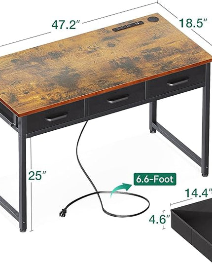 AODK 48 Inch Computer Desk with 3 Fabric Drawers, Office Desk with USB/Type-C Charging Ports & Power Outlets, Vanity Desk with Iron Hook for Bedroom, Study/Writing/Work Table for Bedroom,Vintage - LeafyLoom