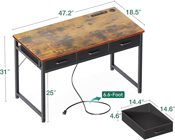 AODK 48 Inch Computer Desk with 3 Fabric Drawers, Office Desk with USB/Type-C Charging Ports & Power Outlets, Vanity Desk with Iron Hook for Bedroom, Study/Writing/Work Table for Bedroom,Vintage - LeafyLoom