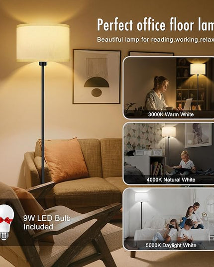 Floor Lamps for Living Room, Modern Standing Lamp with 3 Color Temperatures(9W Bulb), White Linen Lampshade, Foot Switch, Simple Reading Floor Lamps Tall Lamps for Bedroom/Office/Nightstand/Classroom - LeafyLoom