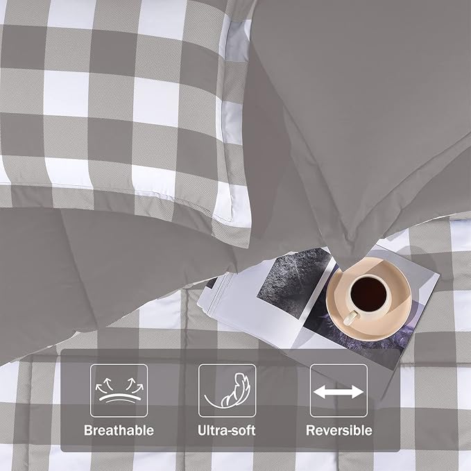 downluxe Lightweight Plaid Comforter Set (Twin) with 1 Pillow Sham - 2-Piece Set - Grey/White Plaid - Down Alternative Reversible Comforter - LeafyLoom