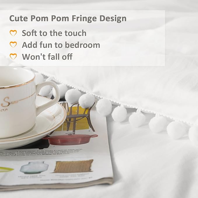 Litanika California King Comforter Set White,3 Pieces White Boho Pom Pom Lightweight Bed Comforter, All Season Soft Solid Color Bedding Comforter Sets (1 Comforter 104x96 Inch, 2 Pillowcases) - LeafyLoom