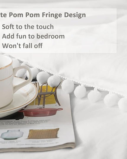 Litanika Comforter Full Size Set White,3 Pieces White Boho Pom Pom Lightweight Bed Comforter Full,All Season Soft Solid Color Bedding Comforter Sets (1 Comforter 79x90 Inch, 2 Pillowcases) - LeafyLoom