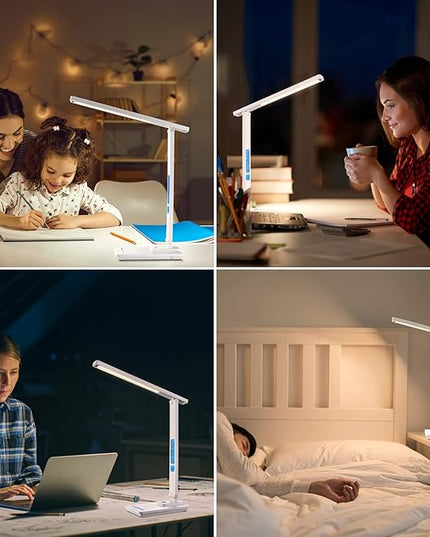 LAOPAO LED Desk Lamp with Wireless Charger, USB Charging Port, Sliding Dimmable Auto Timer Table Lamp with Night Light, Desk Lights with Clock for Study Reading Home Office - LeafyLoom