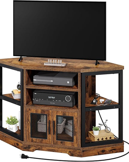 YITAHOME Corner TV Stand for TVs up to 55 Inch with Power Outlet, Modern Farmhouse Entertainment Center, Wood TV Media Console with Storage Cabinets Shelves for Living Room, Retro Brown - LeafyLoom