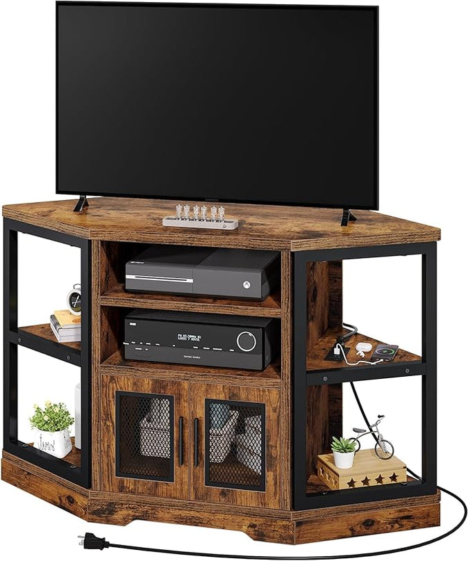 YITAHOME Corner TV Stand for TVs up to 55 Inch with Power Outlet, Modern Farmhouse Entertainment Center, Wood TV Media Console with Storage Cabinets Shelves for Living Room, Retro Brown - LeafyLoom