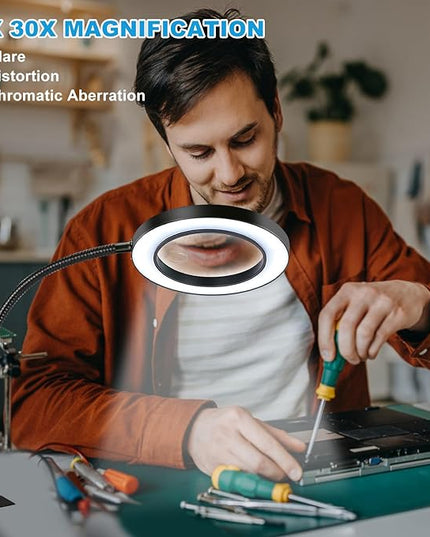 NZQXJXZ Large 30X10X Magnifying Glass with 72 LEDs Light Desk Magnifier with Clip 3 Color Modes and 10 Stepless Dimmable Desk Magnifying Lamp for Hobbies, Reading, Close Work, Jewelry - LeafyLoom