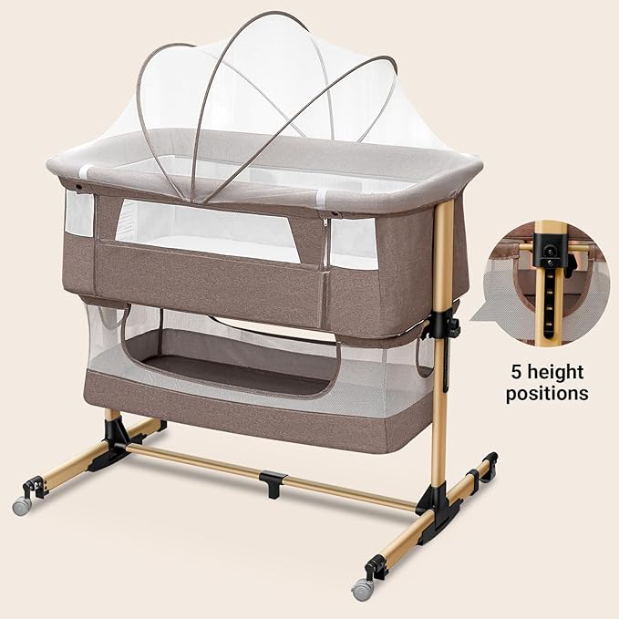 Baby Crib,3 in 1 Baby Bassinet Bedside Crib Adjustable Portable Bed for Infant,Baby Newborn Must Have Bed,Khaki - LeafyLoom
