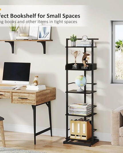 Bookshelf 5-Tier Bookshelf: Tall Corner Bookcase Industrial Narrow Book Shelves Vintage Wood Bookshelf Storage Organizer Display Book Rack for Living Room Bedroom Office Home (Black) - LeafyLoom