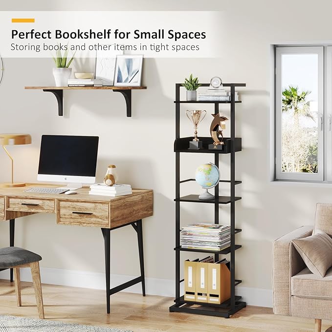 Bookshelf 5-Tier Bookshelf: Tall Corner Bookcase Industrial Narrow Book Shelves Vintage Wood Bookshelf Storage Organizer Display Book Rack for Living Room Bedroom Office Home (Black) - LeafyLoom