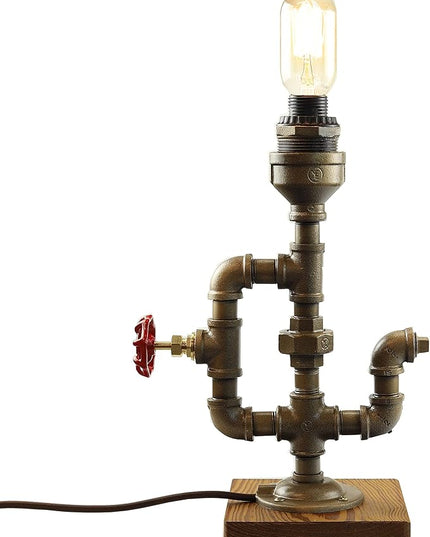 Steampunk Lamp with Dimmer, Dimmable Loft Style Industrial Vintage Antique Style Light with Bulb, Wood Base with Iron Piping Desk Lamp, Retro Desk Lamp LL-034 - LeafyLoom