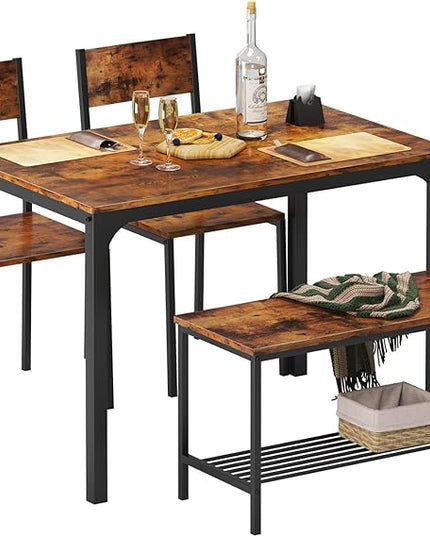 sogesfurniture 4-Piece Dining Table Set with 1 Bench and 2 Chairs, Kitchen Bench Table Set for 4, Wooden Kitchen Table and Chairs for Limited Space,Rustic Brown - LeafyLoom