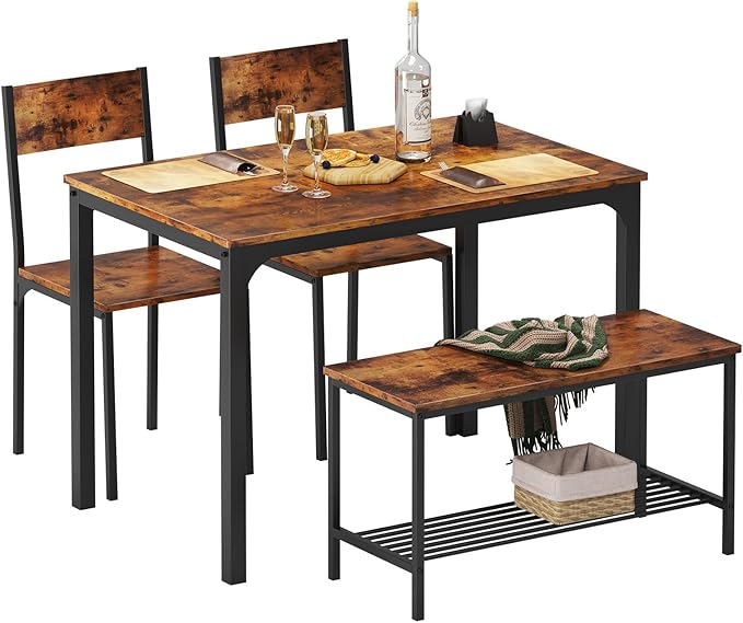 sogesfurniture 4-Piece Dining Table Set with 1 Bench and 2 Chairs, Kitchen Bench Table Set for 4, Wooden Kitchen Table and Chairs for Limited Space,Rustic Brown - LeafyLoom