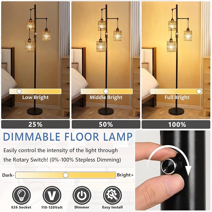 Bohemian Farmhouse Floor Lamp, Black, 65-Inch, Dimmable, 3 E26 UL Sockets, Natural Rattan Shade, Reinforced Metal Base, 24 Months Warranty - LeafyLoom