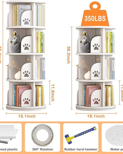 LEYUKEJI 360°Rotating Bookshelf 3-Tier Large Capacity 18" Diameter Kids Bookshelf PVC Plastic Display Cabinet,Corner Bookcase Space Saving Round Spinning Storage Rack With Small Silicone Hammer,White - LeafyLoom