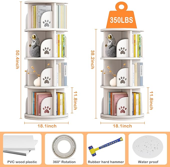 LEYUKEJI 360°Rotating Bookshelf 4-Tier Large Capacity 18" Diameter Kids Bookshelf PVC Plastic Display Cabinet,Corner Bookcase Space Saving Round Spinning Storage Rack With Small Silicone Hammer,White - LeafyLoom