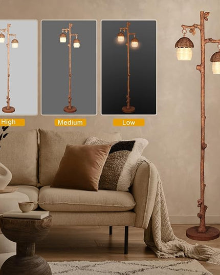 Rattan Floor Lamp with Faux Wood Finish, Boho Floor Lamps with Faux Pinecone and Leaves Decor, Brown - LeafyLoom
