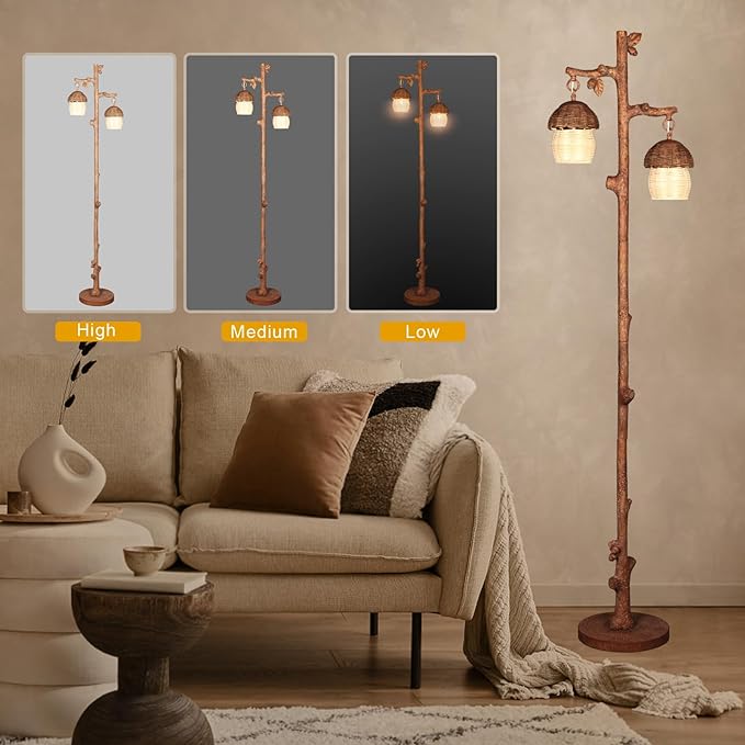 Rattan Floor Lamp with Faux Wood Finish, Boho Floor Lamps with Faux Pinecone and Leaves Decor, Brown - LeafyLoom