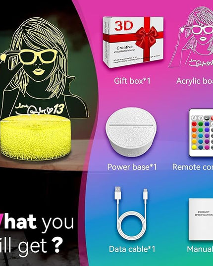 Taylor Cool Night Light：Gift 3D Night Light 16 Colors Changing LED Lamp Decoration for Girls Singer Albums Inspired Merchandise Gift Table Lamp for Party Birthday Festival Gifts - LeafyLoom