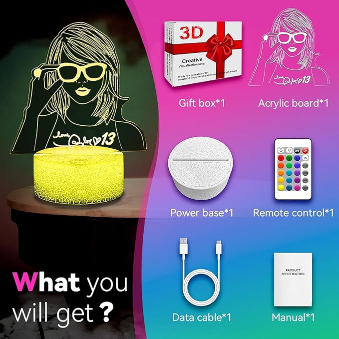 Taylor Cool Night Light：Gift 3D Night Light 16 Colors Changing LED Lamp Decoration for Girls Singer Albums Inspired Merchandise Gift Table Lamp for Party Birthday Festival Gifts - LeafyLoom