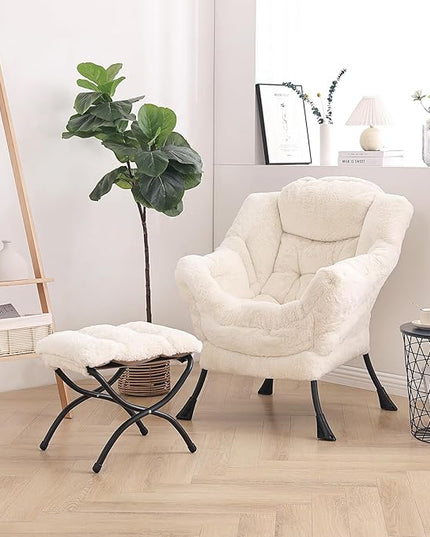 LITA Lazy Chair with Ottoman, Modern Accent Leisure Upholstered Sofa Chair, Lounge Reading Chair with Armrests and a Side Pocket for Living Room, Bedroom & Small Space, Plush Beige - LeafyLoom