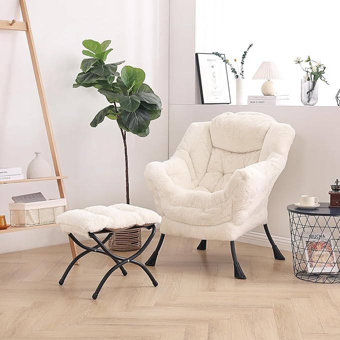 LITA Lazy Chair with Ottoman, Modern Accent Leisure Upholstered Sofa Chair, Lounge Reading Chair with Armrests and a Side Pocket for Living Room, Bedroom & Small Space, Plush Beige - LeafyLoom