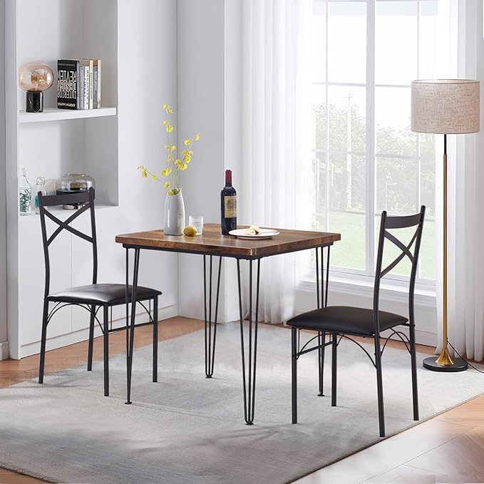 VECELO 3-Piece Dining Room Kitchen Table and Pu Cushion Chair Sets for Small Space, 2, Classic Brown,Dining set for 2 - LeafyLoom