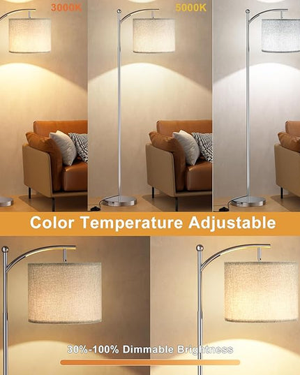 Ambimall Floor Lamp with Remote Control and Stepless Dimmable Bulb, Colors Temperature & Brightness Adjustable, Modern Floor Lamps for Living Room（Grey Shade & Silver Pole） - LeafyLoom